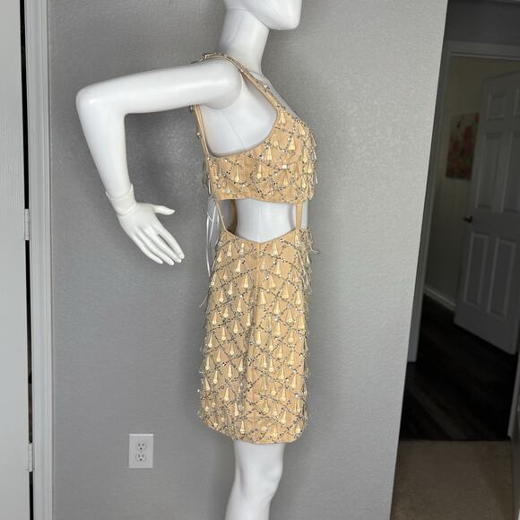 ASOS Design Mini Dress Drip Jewel Embellished Cutout Drop Waist Twill Beige Sz 8 - Picture 6 of 10